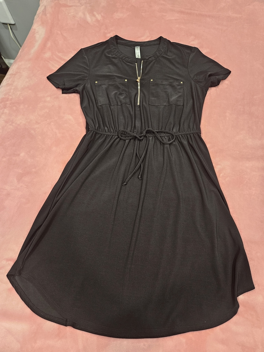 PerSeption Concept Black Short-Sleeve Midi Dress with Drawstring
